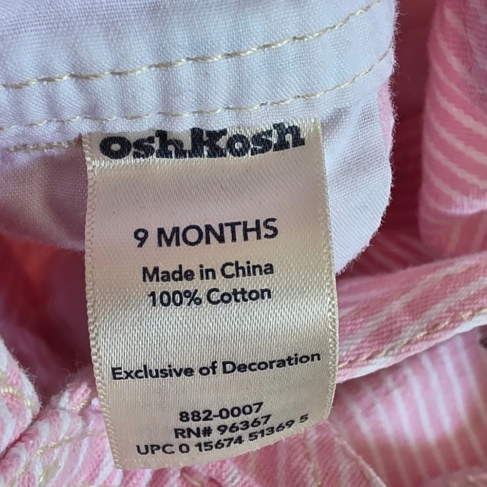 OshKosh B'gosh Pink White Stripe Baby Girl Overalls‎ Jumpsuit Snap Size 9 M 2010
